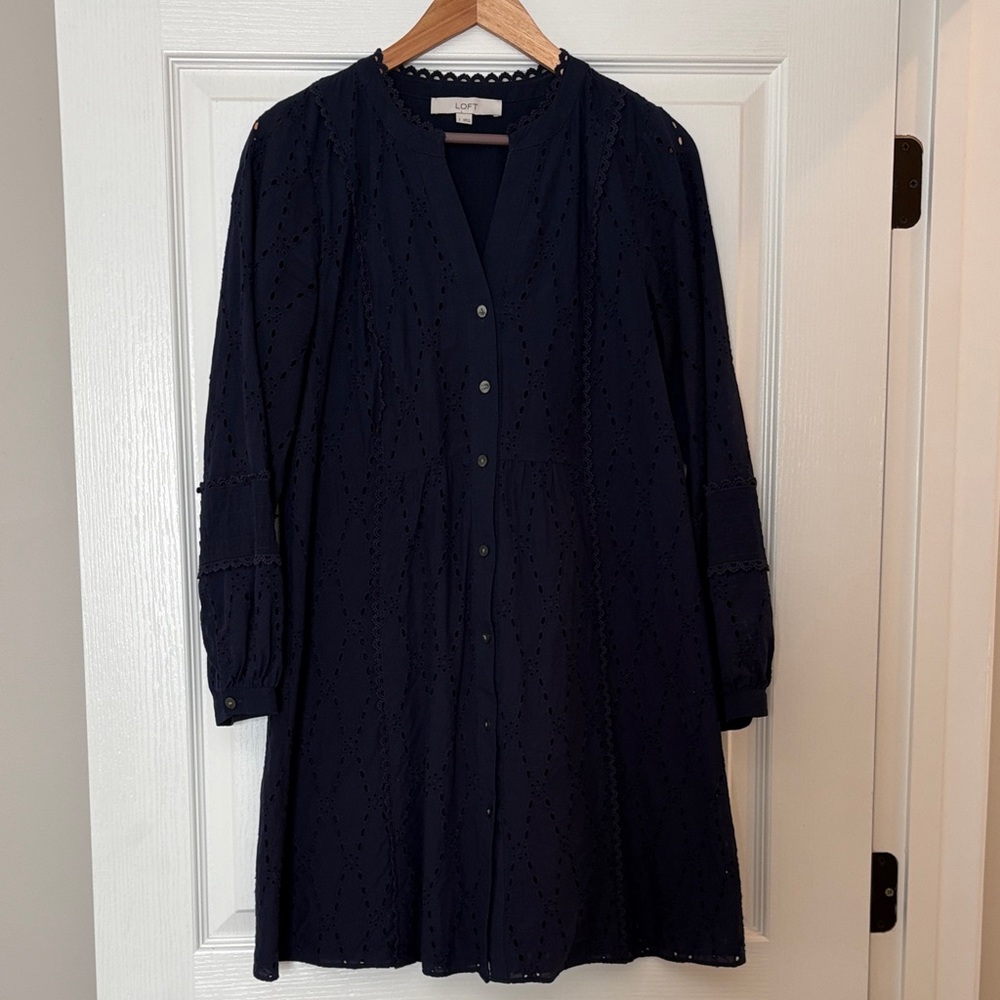 LOFT Navy Eyelet Button-Front Long Sleeve Dress